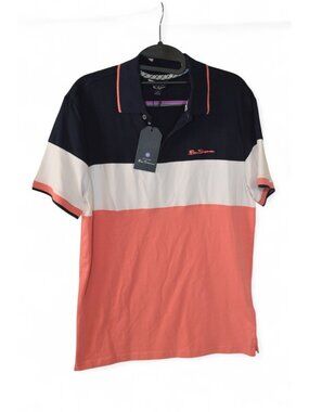 Ben Sherman Mens Umber Colorblock Polo Shirt Coral White Navy Cotton S NEW
